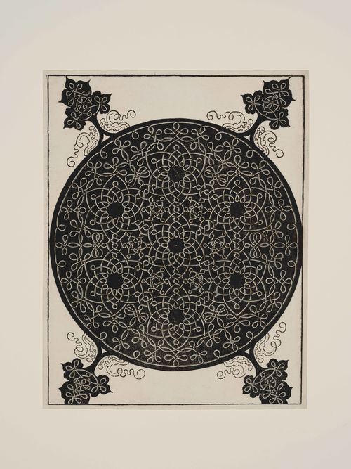 Woodcut with intricate floral and geometric engravings