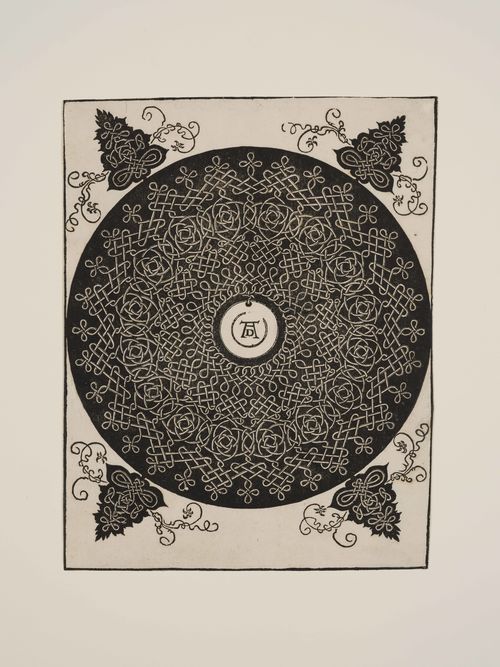 Woodcut with intricate floral and geometric engravings