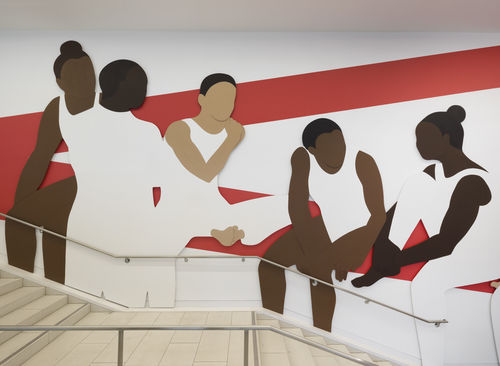 Hammer lobby wall installation depicting a group of abstracted figures, young gymnasts in leotards and high buns, which red architectural lines painted on white