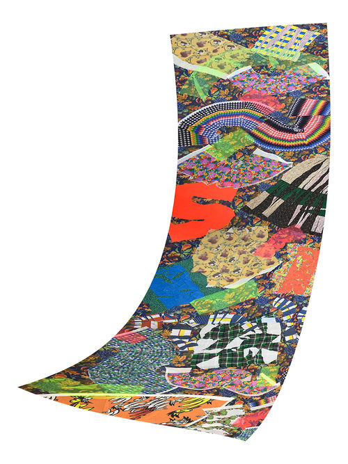 Strip of collaged, colorful fabric