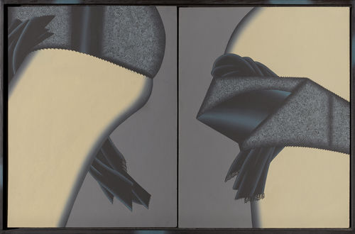 Diptych painting of a woman's rear end and chest wearing black underwear