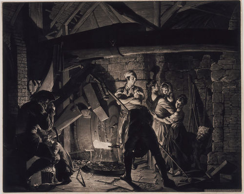 Print of a group of people in a forge where a metalsmith is working