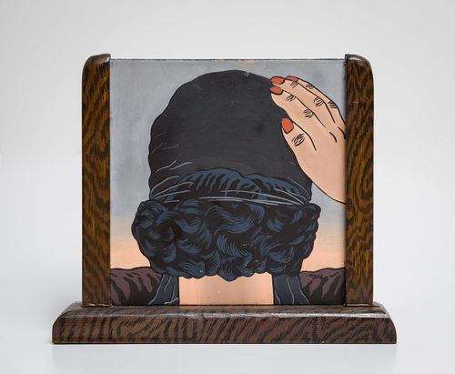 PAinting of the back of a woman's head, as she pats her hair with her hand