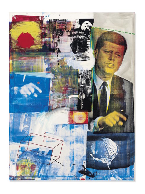 Silkscreen collage including an image of JFK