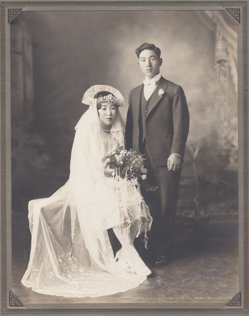 Black and white photo of a bride and groom