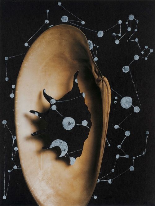 Print of a torn figure in front of a background of constellations