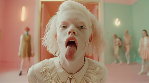 Video still of a woman sticking out her tongue