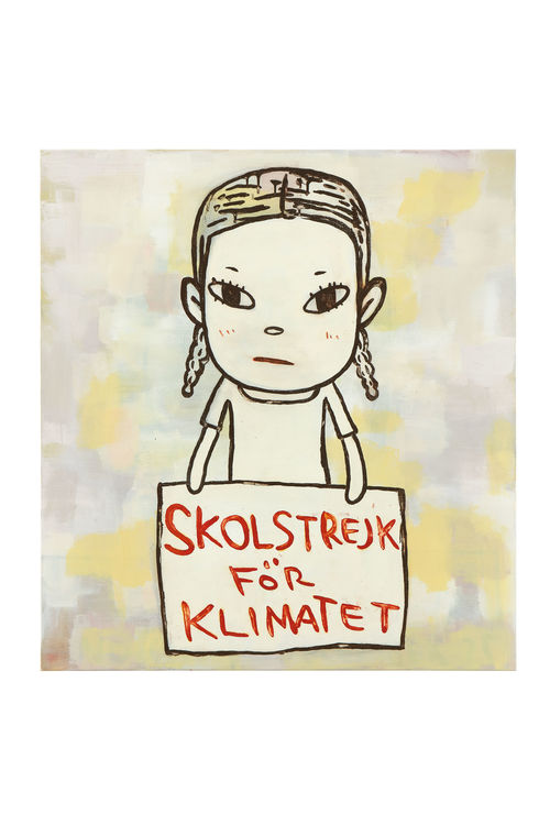Painting of a girl holding a sign reading "Skolstrejk for Klimatet"