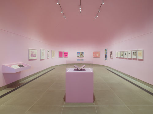 Installation view of framed works on paper installed on wall and in vitrines, the Vault gallery walls painted pink