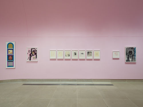 Installation view of framed works on paper installed on wall and in vitrines, the Vault gallery walls painted pink