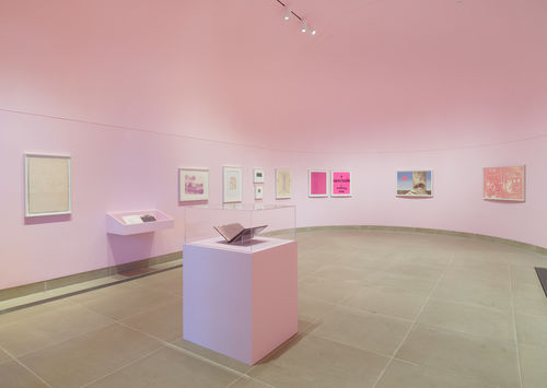 Installation view of framed works on paper installed on wall and in vitrines, the Vault gallery walls painted pink