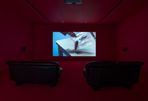 Single-channel video installation in a room with red walls and two leather couches