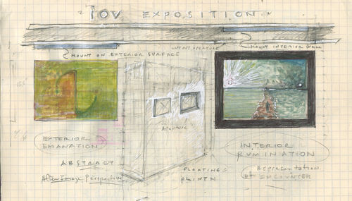 Pencil sketch of an "iOV EXposition" with two artworks separated by a floating plinth with apertures cut into it