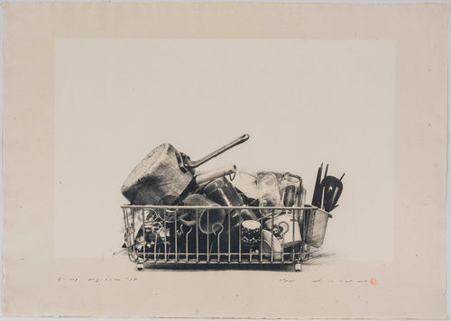 Photorealistic woodprint of a dish rack laden with dishes