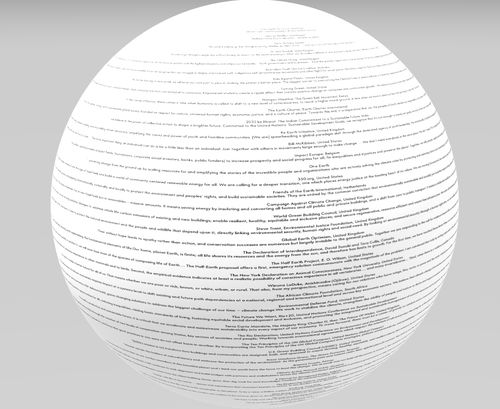 White sphere with small text printed all over it