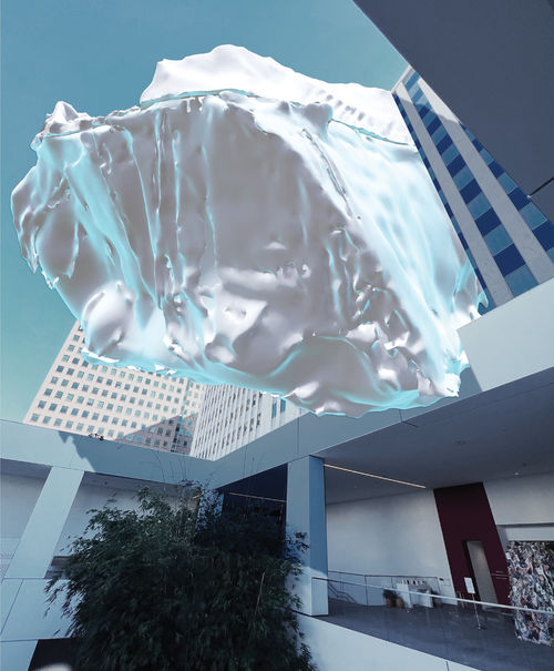 Animated rendering of an iceberg hovering between high-rise buildings