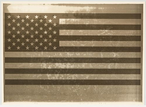 Sepia-toned print of the American flag