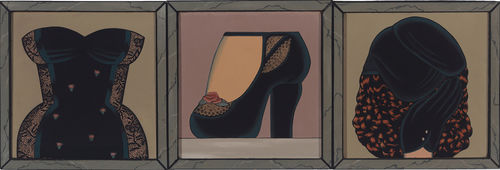 Triptych painting of a black corset, a black shoe, and the back of a woman's head wearing a black hat