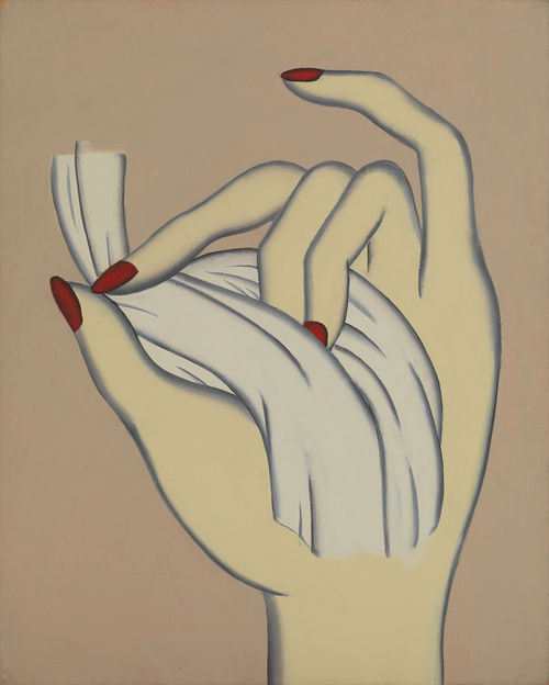 Painting of a woman's hand holding a bit of fabric