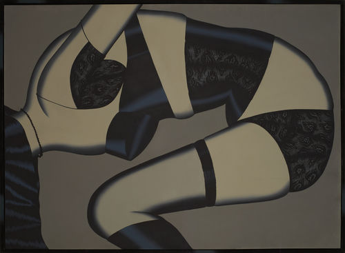 Painting of a woman's body, bent over and wearing black bra, corset, underwear, and stockings