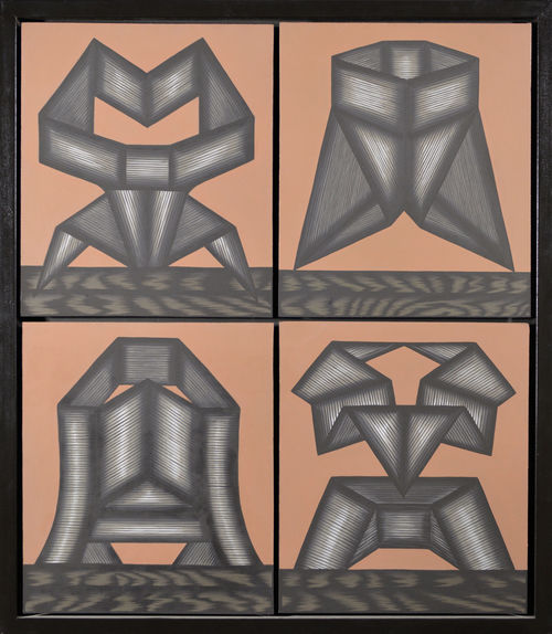 Painting divided into quarters, each quarter showing an abstract form