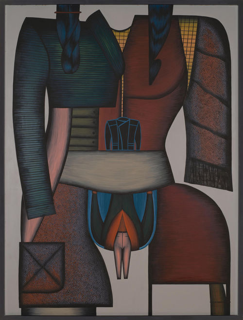 Painting of a disembodied female form, wearing a jacket, a pair of pants emerging from her vulva