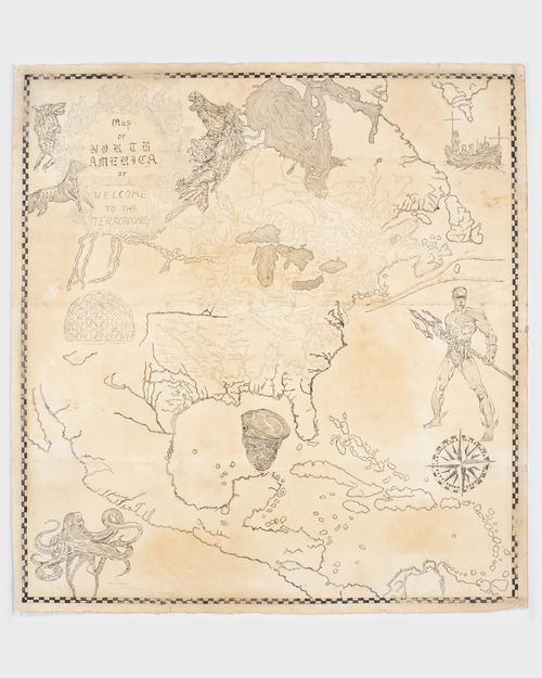 Drawn map of North America, with figures including an octopus, Aquaman, and a Black Panther surrounding it