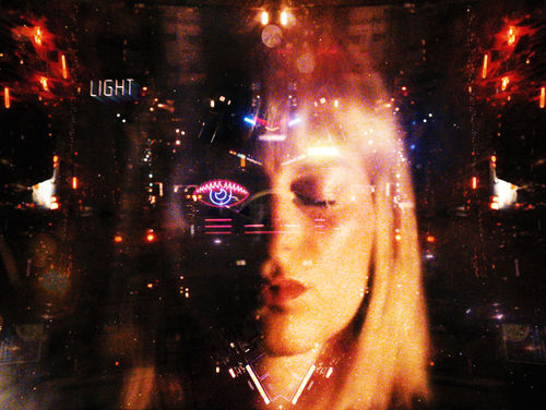 Image of a woman's face, with a neon eye reflected over her own