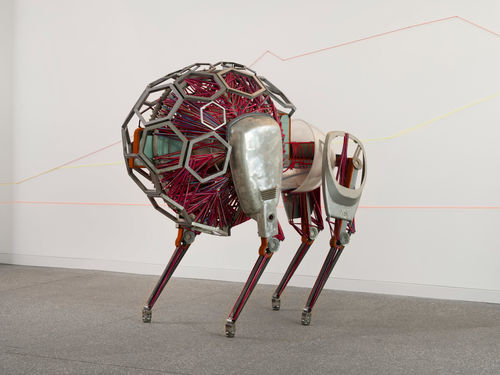 Sculpture in the shape of a hybrid, futuristic, four-legged animal