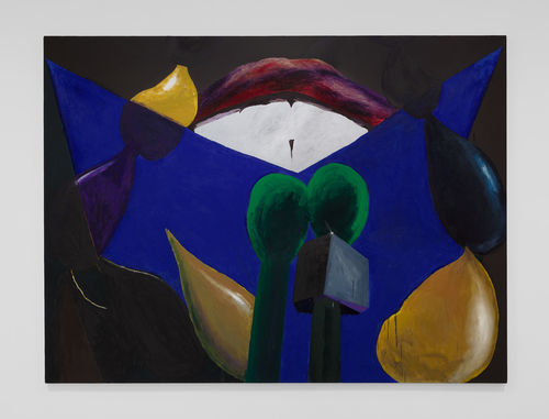 Painting featuring a large mouth and microphone