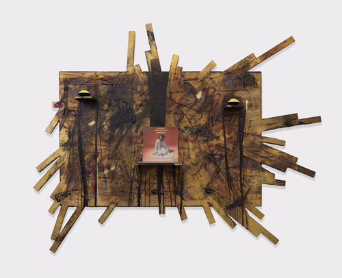 Dimensional sculpture with an Alice Coltrane record at its center