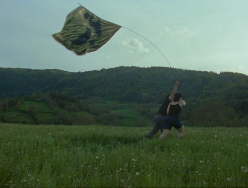 Two figures raise a flag in a field