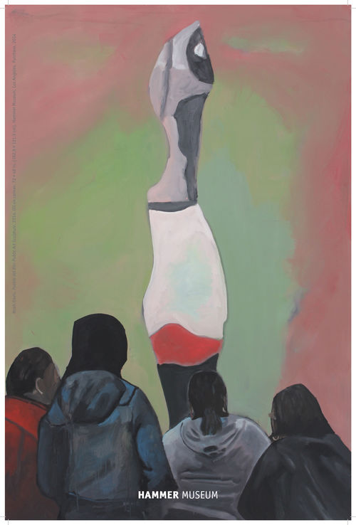 Four Black figures, seen from behind, stand in front of an abstract sculpture