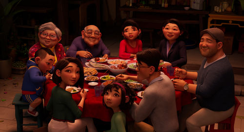 an animation image of a Chinese family dinner 