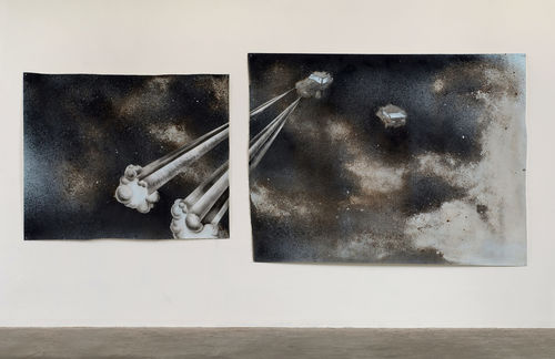 Black and white print of a car accident