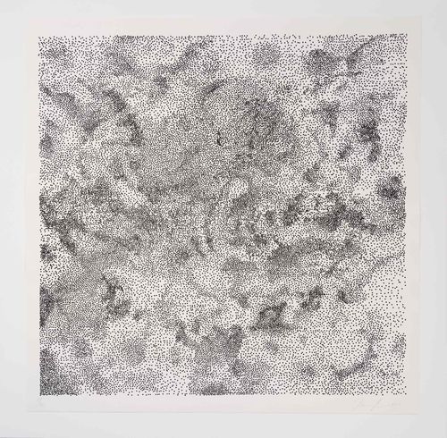 an abstract painting with scattered black dots