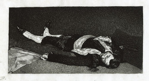 A drawing of a man lying on the ground