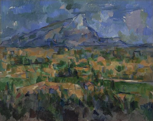 Impressionistic painting of a village at the foot of a large mountain