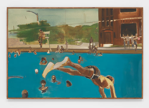 Painting of a pool, with a figure in the foreground diving in