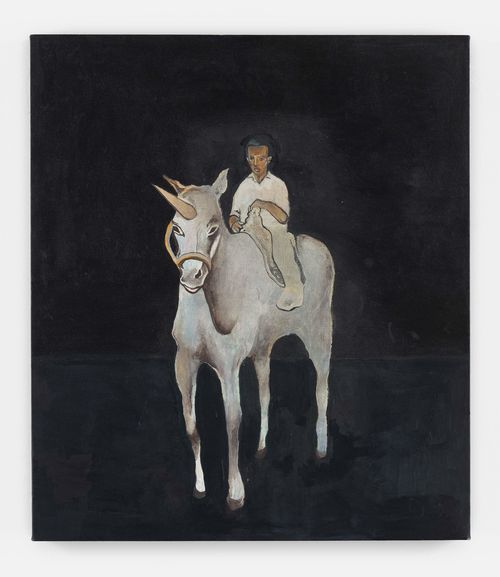 Painting of a Black man riding a unicorn on a black background