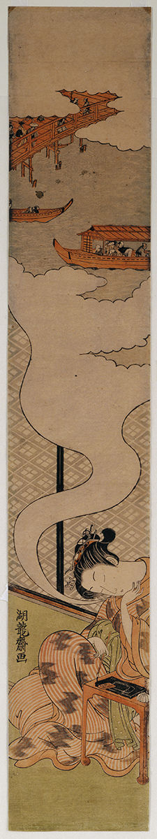 Tall, thin woodblock print of a woman dreaming of boats on the water