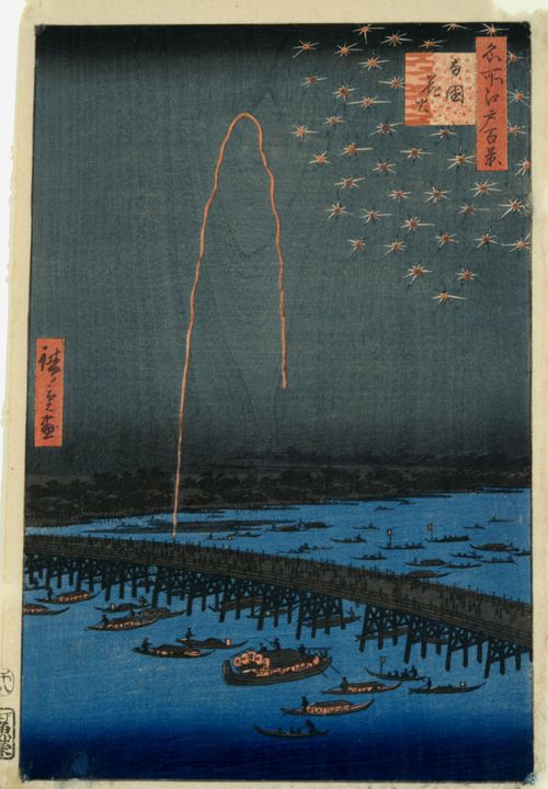 Woodblock print of a firework arching over a bridge