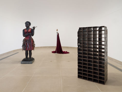 installation images showing three free-standing, multimedia sculptural works in vault gallery