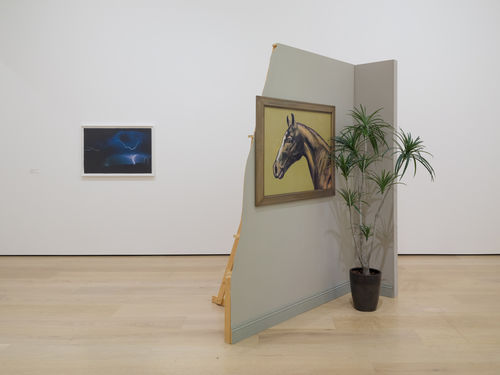 installation image with framed work on wall and a sculpture comprised of a false wall with painting and potted plant