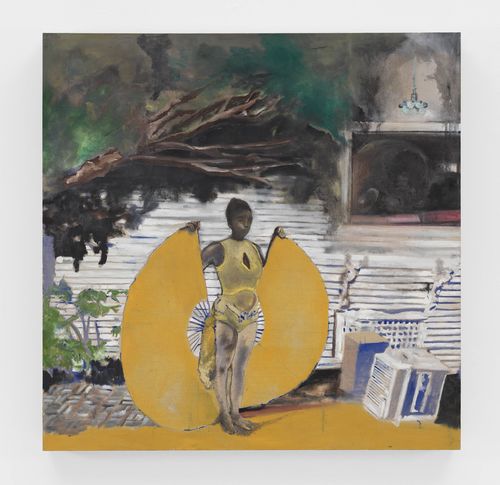 Painting of a Black woman wearing an elaborate yellow costume with rounded wings