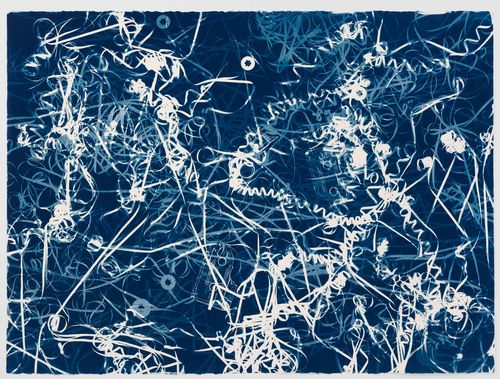 Blue cyanotype made from a deconstructed cassette tape