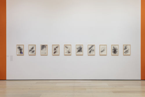 Installation view of wall of framed prints
