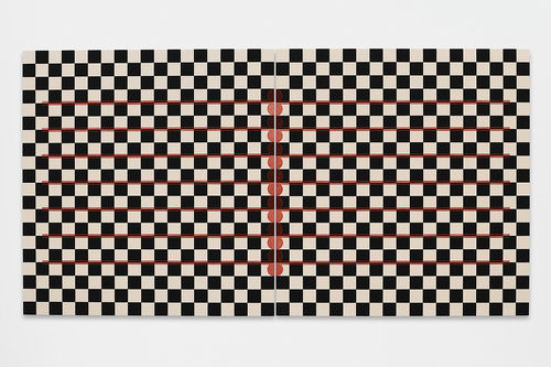 Black and white checkered image featuring red lines running through the pattern.