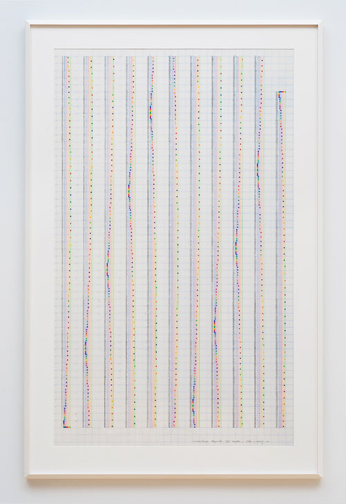 A picture frame containing a piece of paper with vertically aligned dots