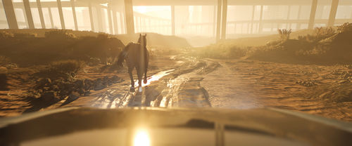 A horse running through an industrial landscape under bright sunlight